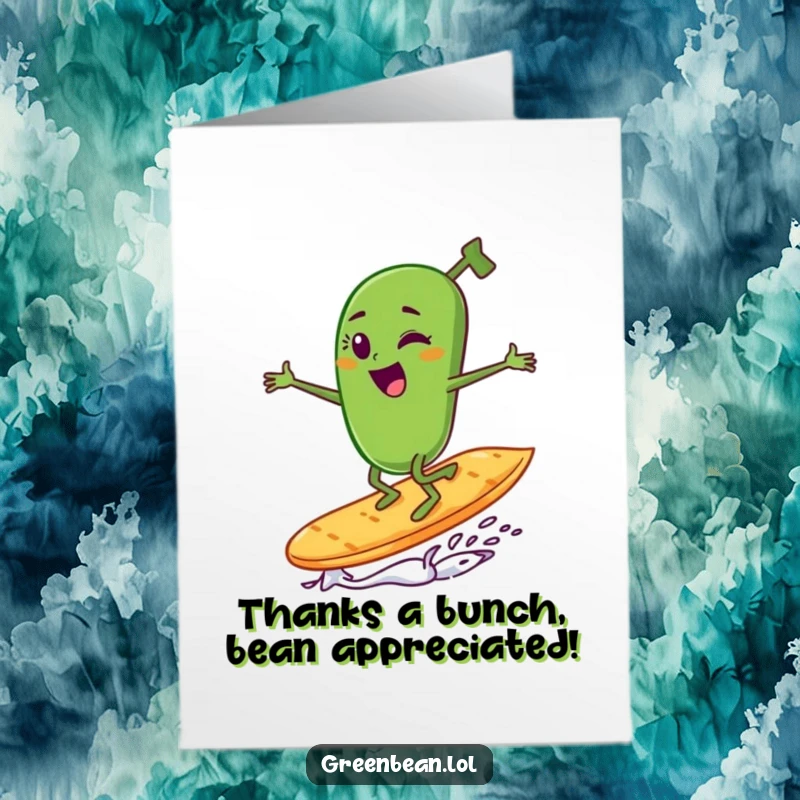 Funny Free Printable Thank You Card: Winking green bean character riding a potato chip like a surfboard.