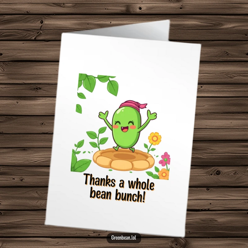 Funny Free Printable Thank You Card: A happy green bean character bouncing with excitement, conveying gratitude in a garden.
