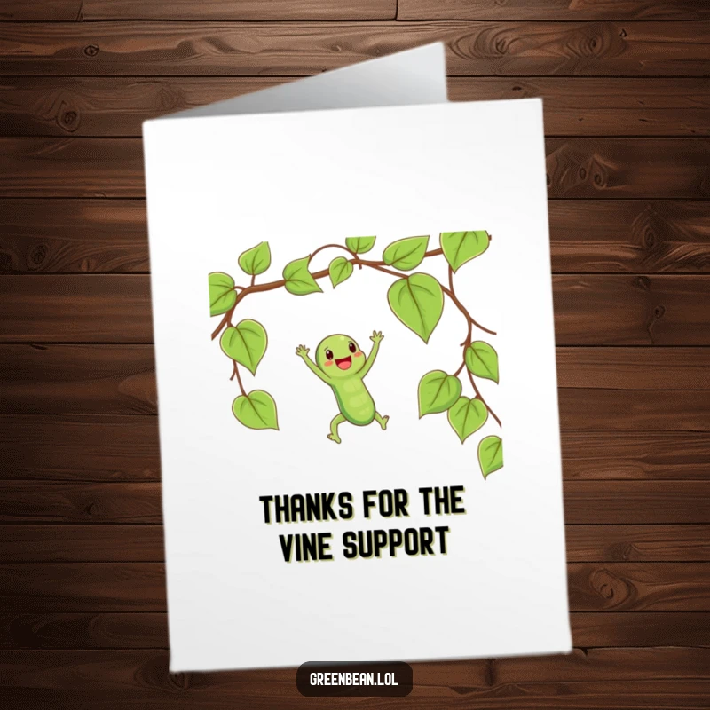 Funny free printable thank you card: String bean swinging on a vine, conveying thanks with a happy expression, cute downloadable art.