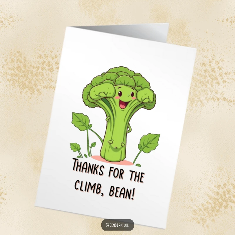 Funny Free Printable Thank You Card: Green bean determinedly climbing a giant smiling broccoli, a humorous way to say thanks.