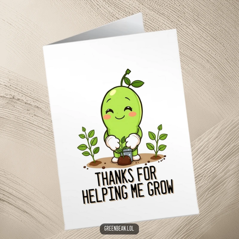 Funny Free Printable Thank You Card: Cheerful green bean wearing gardening gloves, planting seeds and expressing gratitude with a smile.