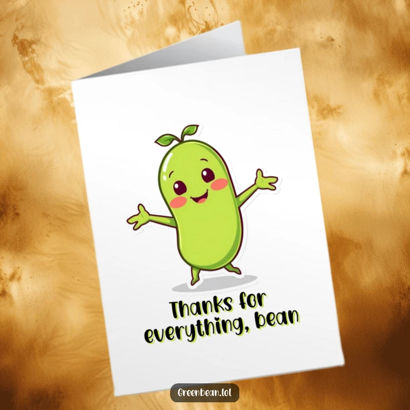 Funny Free Printable Thank You Card: A smiling green bean character doing a lively jig with little arms outstretched, expressing thanks happily.
