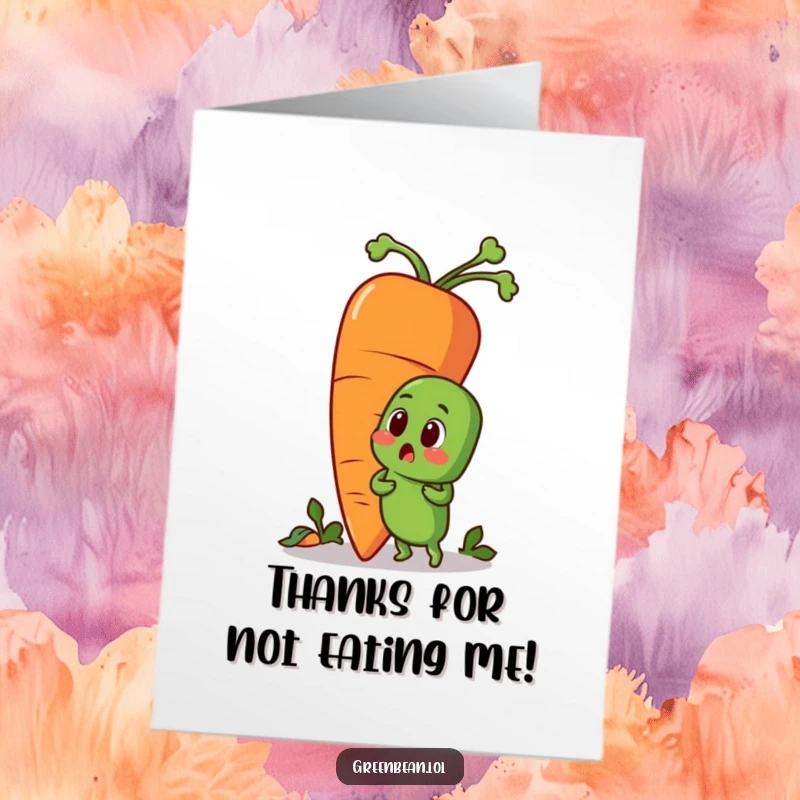 Funny Free Printable Thank You Card: A petite green bean looks astonished at its unbelievably large carrot friend, conveying thanks.