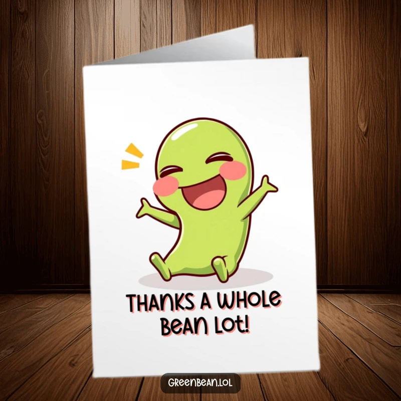 Funny Free Printable Thank You Card: Green bean slips comically, laughing heartily, offering a unique way to say thanks.