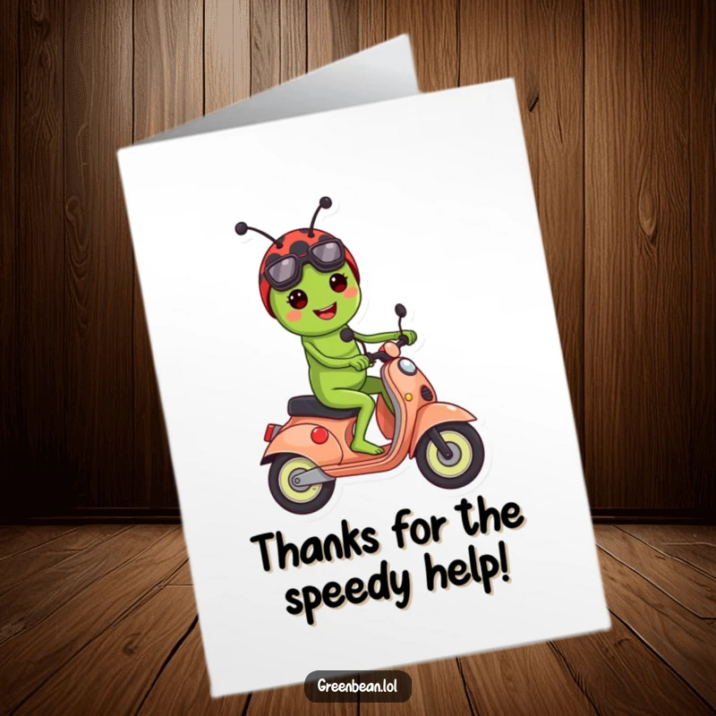 Funny Free Printable Thank You Card: A happy green bean character rides a ladybug scooter, conveying thanks with a sense of adventure.