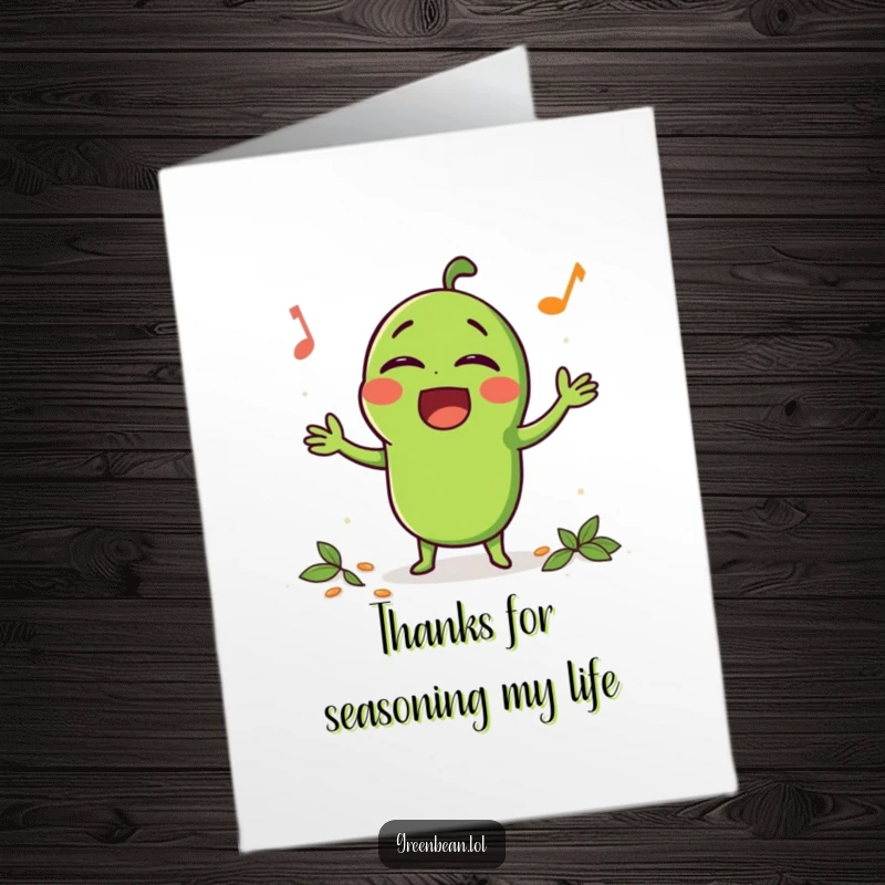 Funny Free Printable Thank You Card: Happy green bean character singing loudly while being seasoned, expressing vibrant and heartfelt thanks.