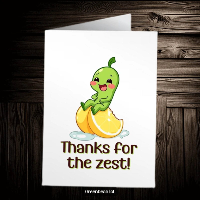 Funny Free Printable Thank You Card: A green bean character gleefully slides down a slippery lemon wedge, spreading joy.