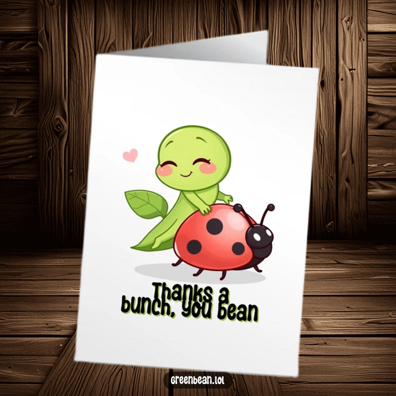 Funny Free Printable Thank You Card: A green bean winks cheekily while riding a ladybug, expressing thanks.