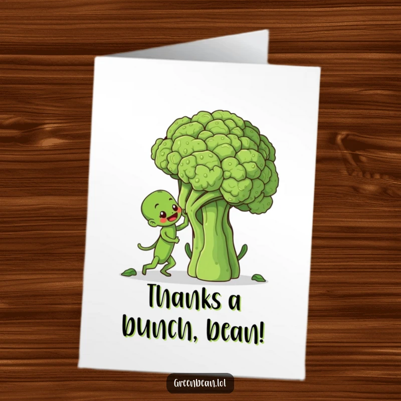 Funny Free Printable Thank You Card: Green bean hero triumphantly perched atop a broccoli mountain.