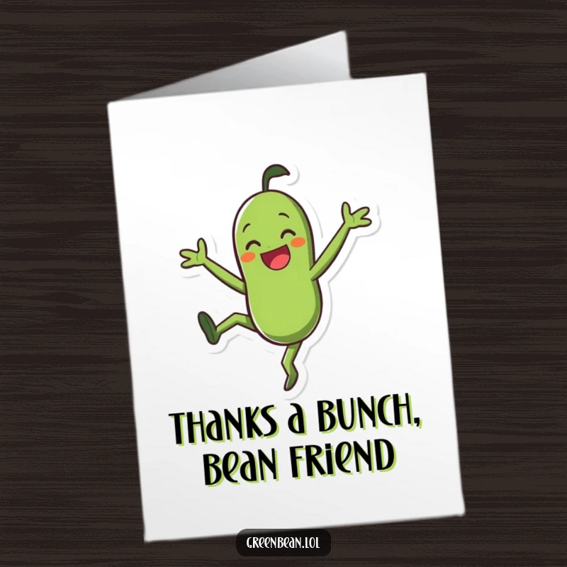 Funny Free Printable Thank You Card: Smiling green bean character doing a joyful cartwheel, expressing thanks with playful energy.