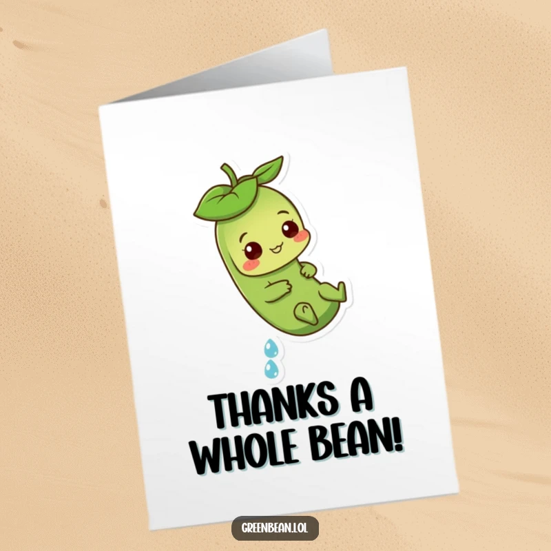 Funny Free Printable Thank You Card: Green Bean Sliding Down a Dewdrop with a Smile