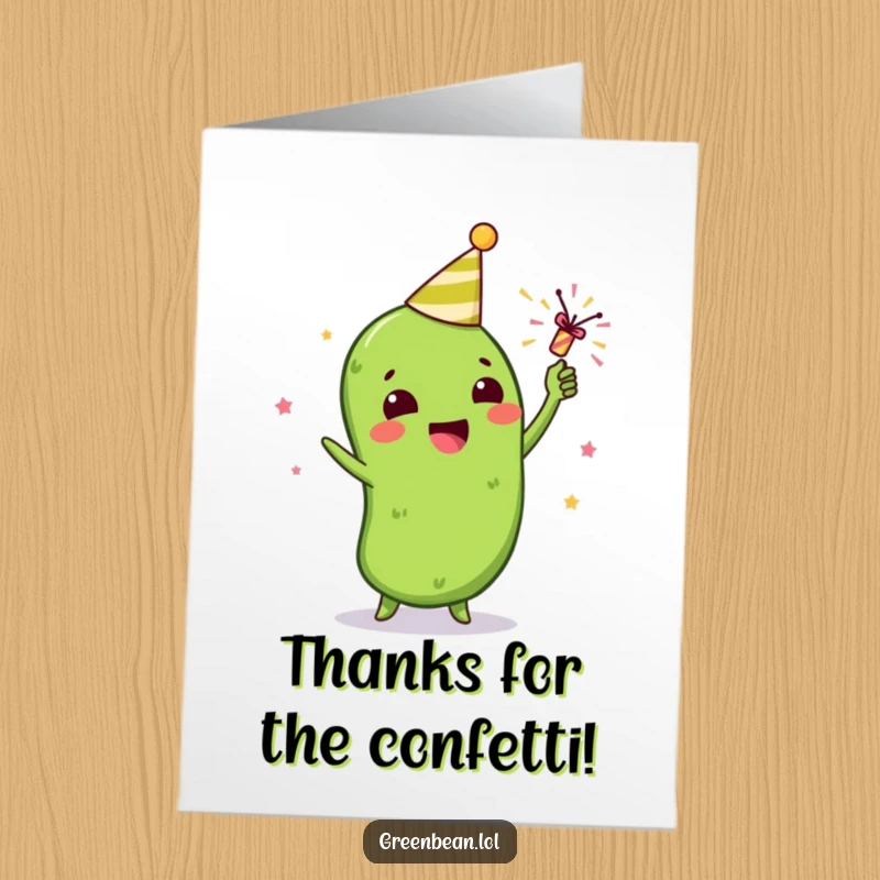 Funny Free Printable Thank You Card: A gleeful green bean character pops a party popper, showering confetti to express heartfelt thanks.
