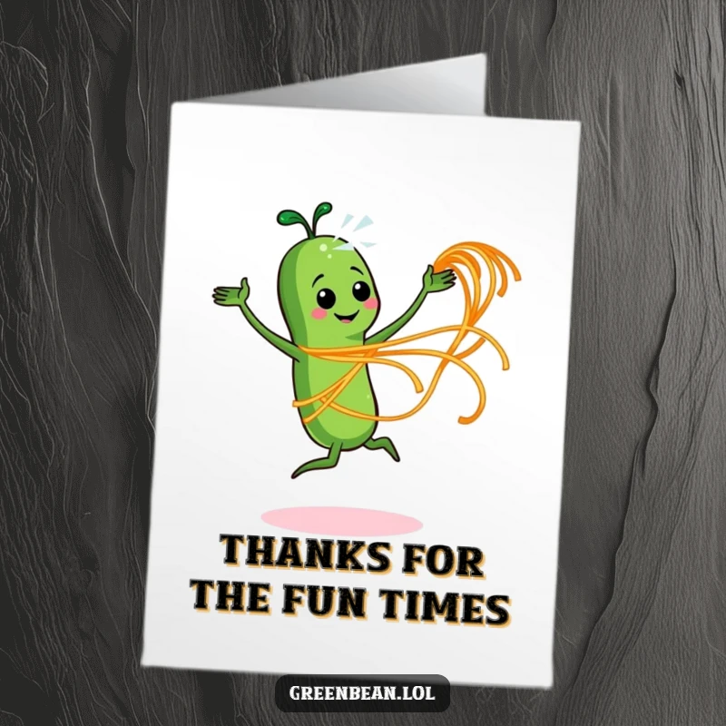 Funny Free Printable Thank You Card: Dancing green bean twirling spaghetti, a vibrant downloadable thank you note.