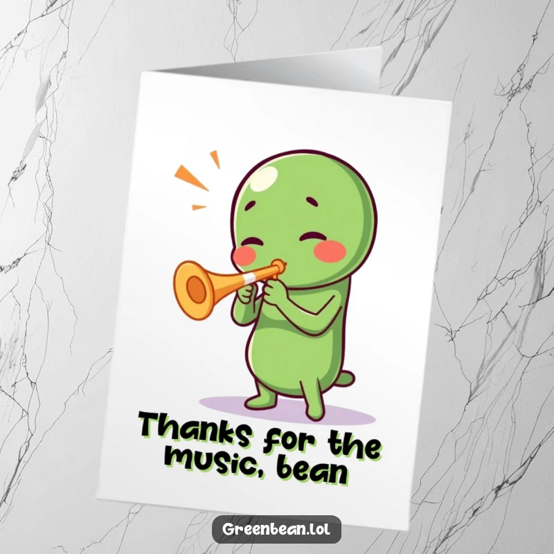 Funny Free Printable Thank You Card: Green bean joyfully playing a small trumpet, sending a musical thank you with gusto.