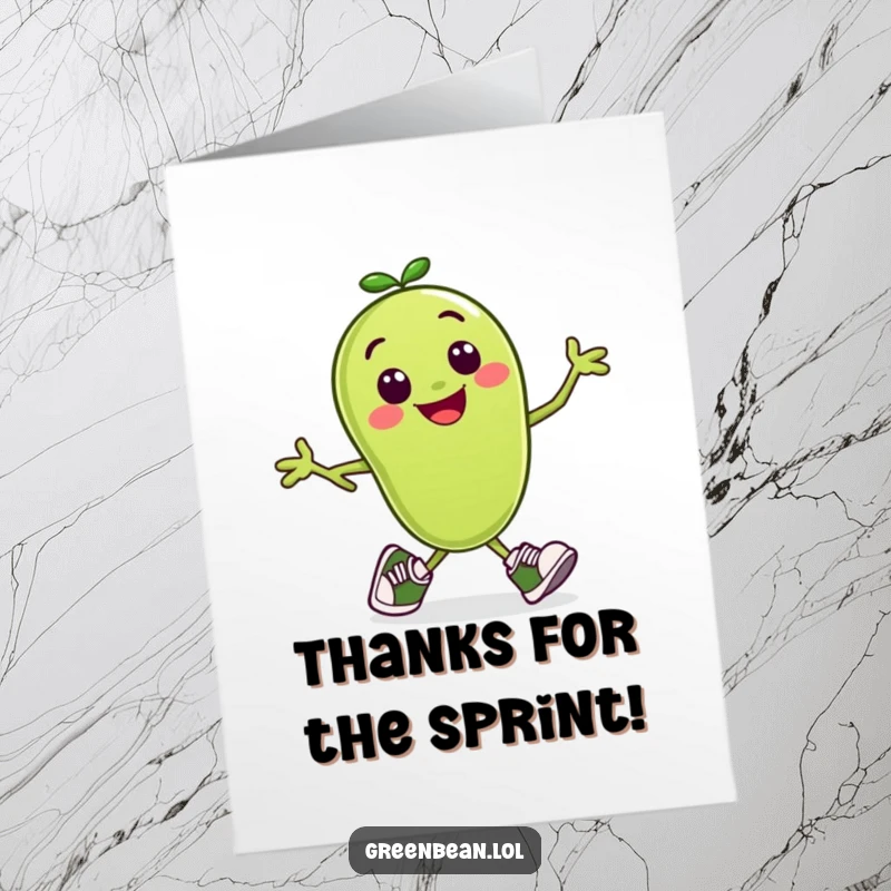 Funny Free Printable Thank You Card: A smiling green bean character in little running shoes, enthusiastically running with purpose.