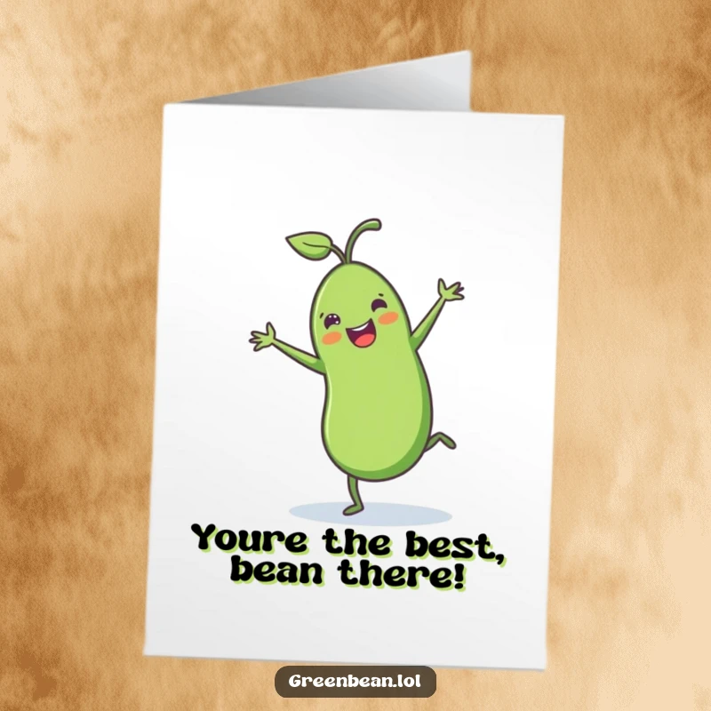 Funny Free Printable Thank You Card: A cheerful green bean with tiny legs mid-cartwheel, expressing thanks.