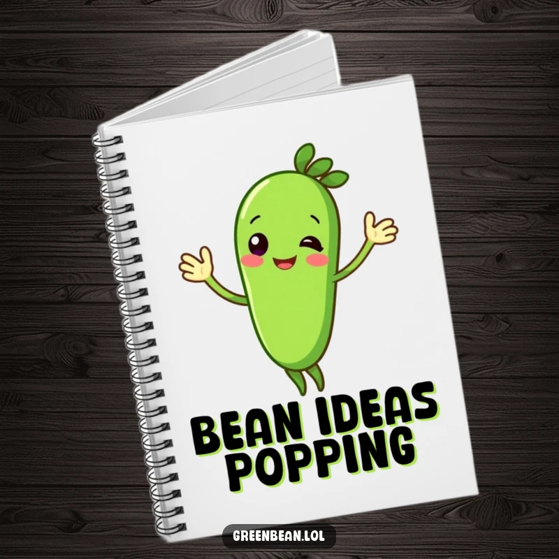 Funny green bean notebook designed with a cheerful character waving enthusiastically. Ideal for journaling and note-taking.