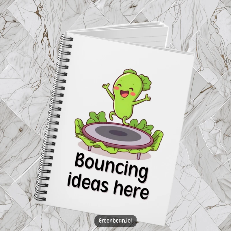 Funny notebook cover with an excited green bean character bouncing on a lettuce trampoline, inspiring energetic ideas.