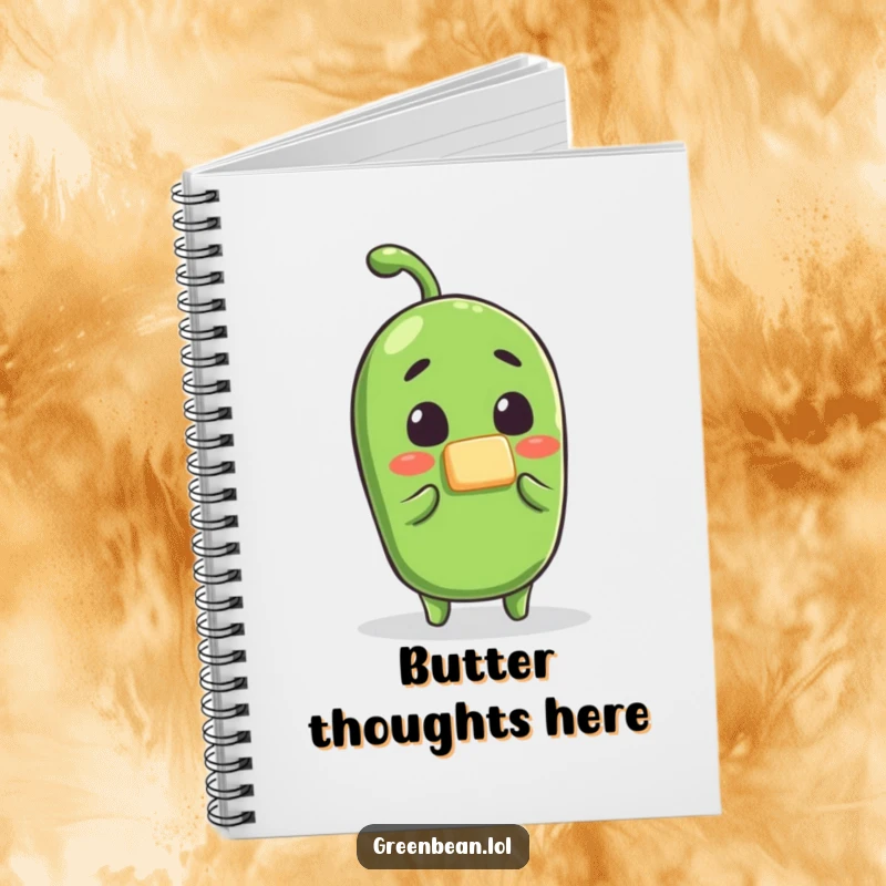Funny green bean butter notebook, a shocked bean character getting buttered, ideal for jotting down notes and funny ideas, great stationery.