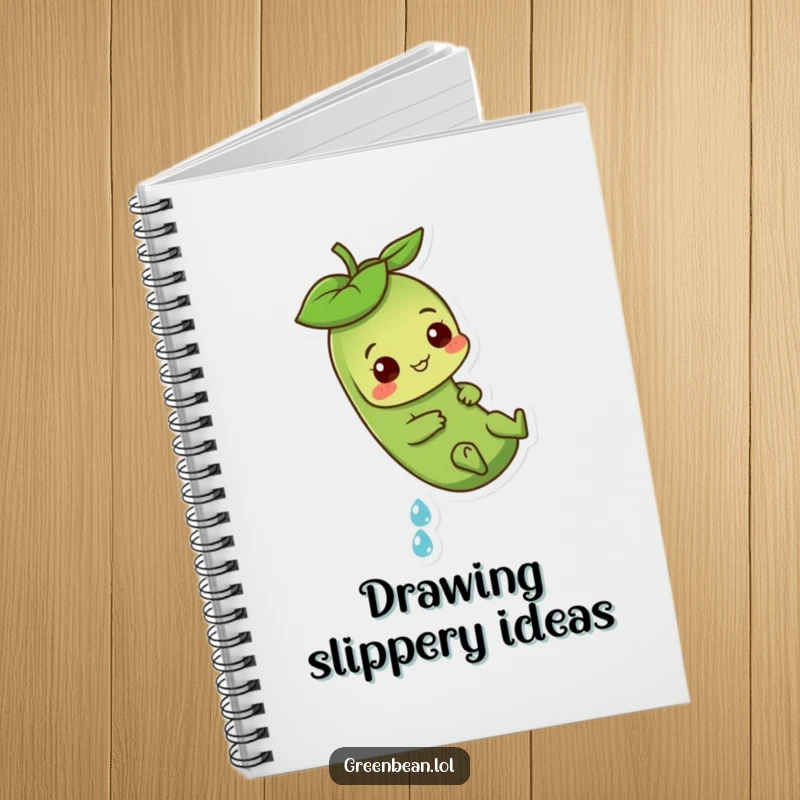 Funny Green Bean Notebook with a playful character sliding down a dewdrop, perfect for notes and creative ideas.