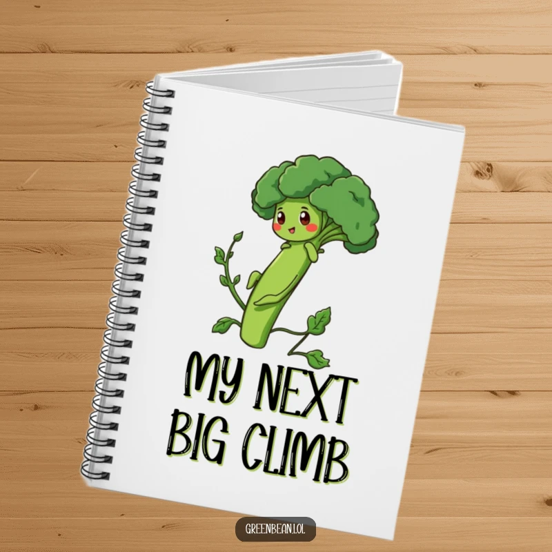 Funny Notebook featuring a determined green bean character climbing a broccoli stalk, for jotting down goals.
