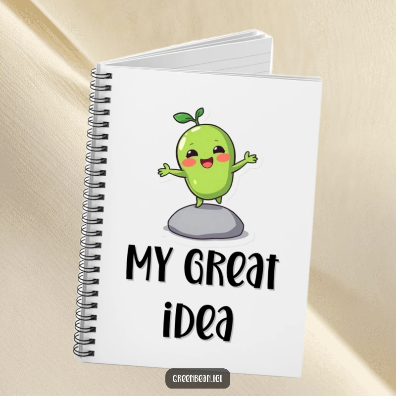 Funny notebook with a green bean character bouncing on a pebble, ideal for jotting down energetic ideas and plans.