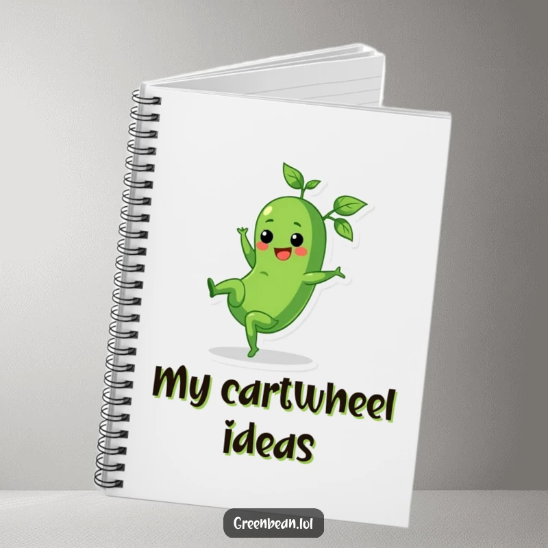 Funny notebook with a cheerful green bean doing a cartwheel and trailing leafy tops, for creative notes.