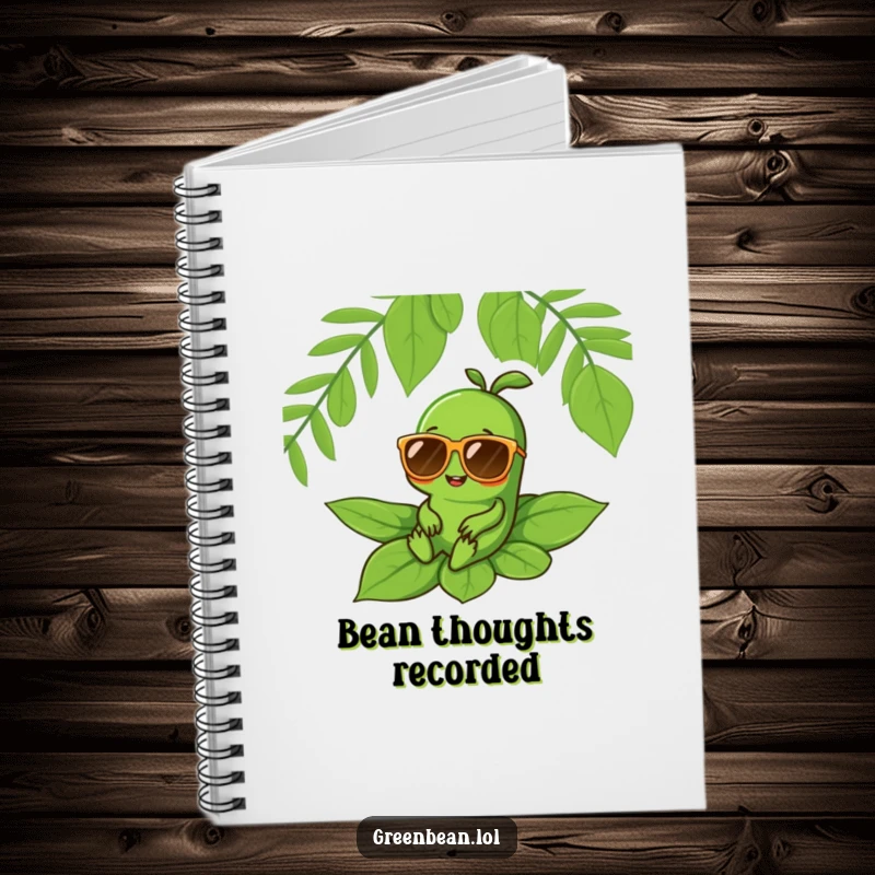 Funny notebook cover with a green bean character in oversized sunglasses relaxing on a leaf, inspiring cool thoughts.