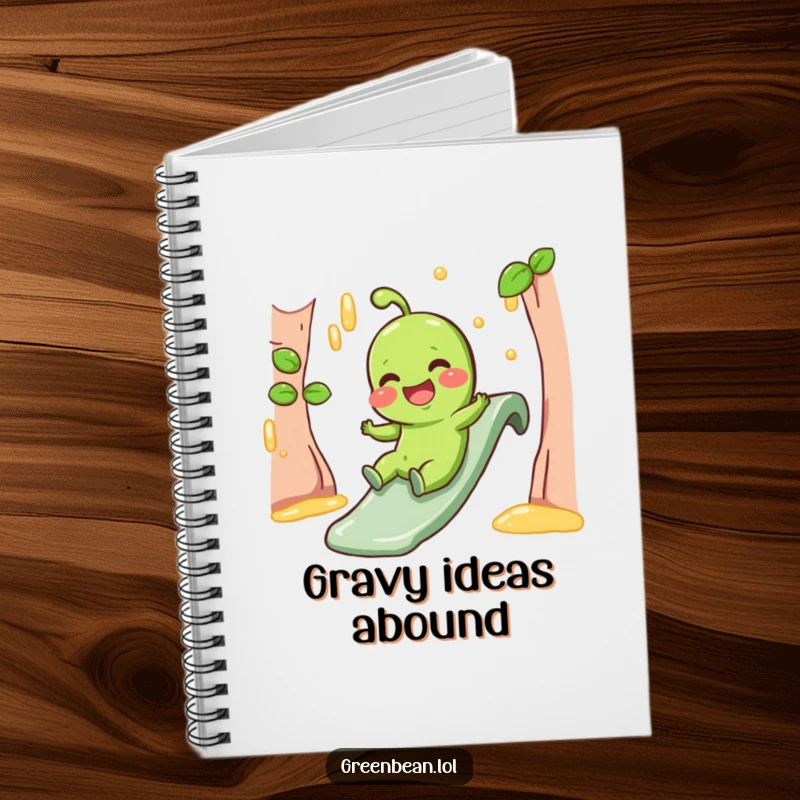 Funny Notebook featuring a giggling green bean character sliding down a gravy slide, for jotting down tasty ideas.
