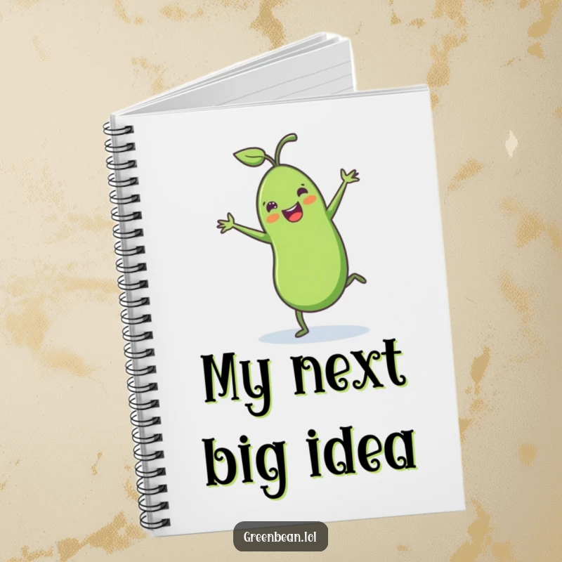 Funny green bean notebook with a cheerful green bean doing a joyful cartwheel, perfect for capturing notes and funny thoughts.