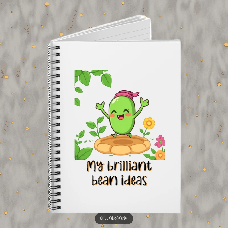 Funny green bean notebook showing a cheerful character bouncing with glee in a garden, perfect for jotting down notes joyfully.