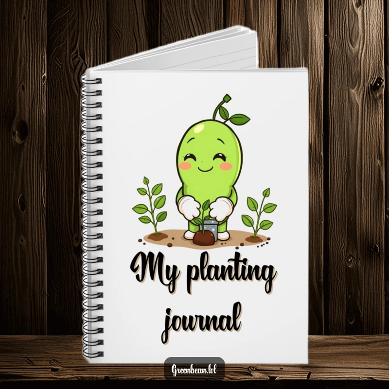 Funny Notebook with a happy green bean character in tiny gardening gloves, planting seeds, perfect for notes and ideas.