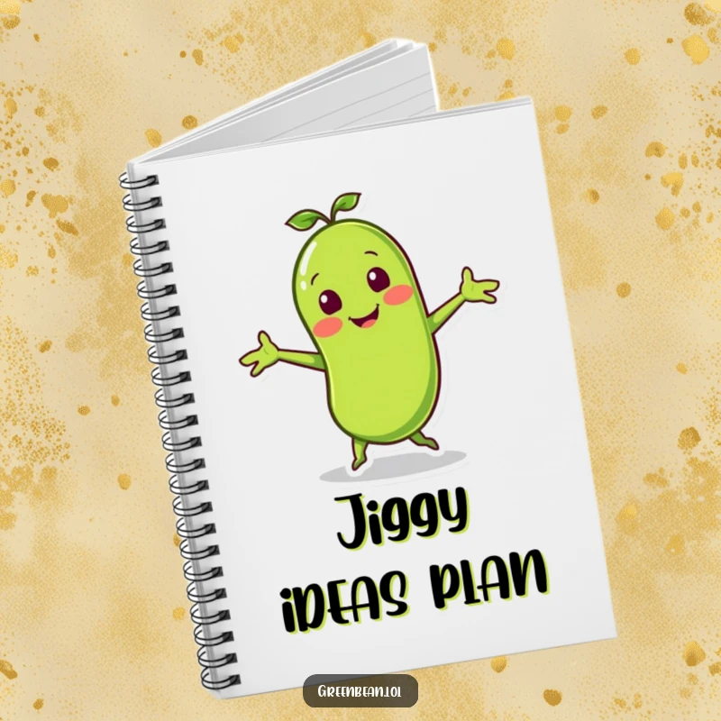 Funny notebook featuring a smiling green bean character doing a lively jig with arms outstretched, great for notes and doodles.