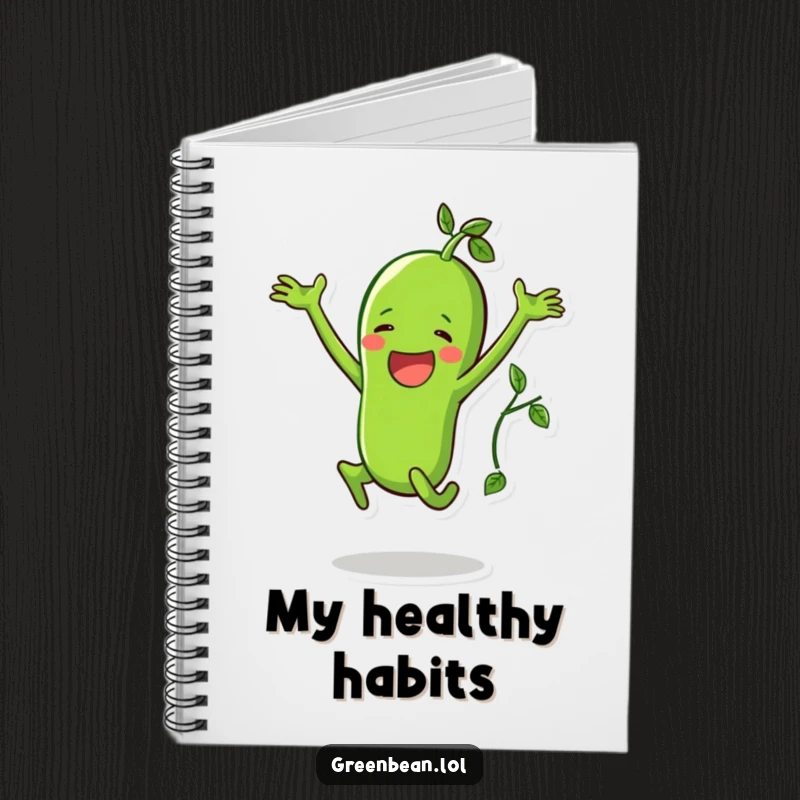 Funny notebook featuring a happy green bean character doing a jumping jack with a vine, great for notes.
