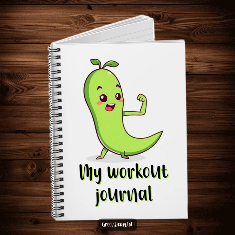 Funny notebook featuring a determined green bean flexing a pea muscle, perfect for fitness tracking and a unique funny gift.
