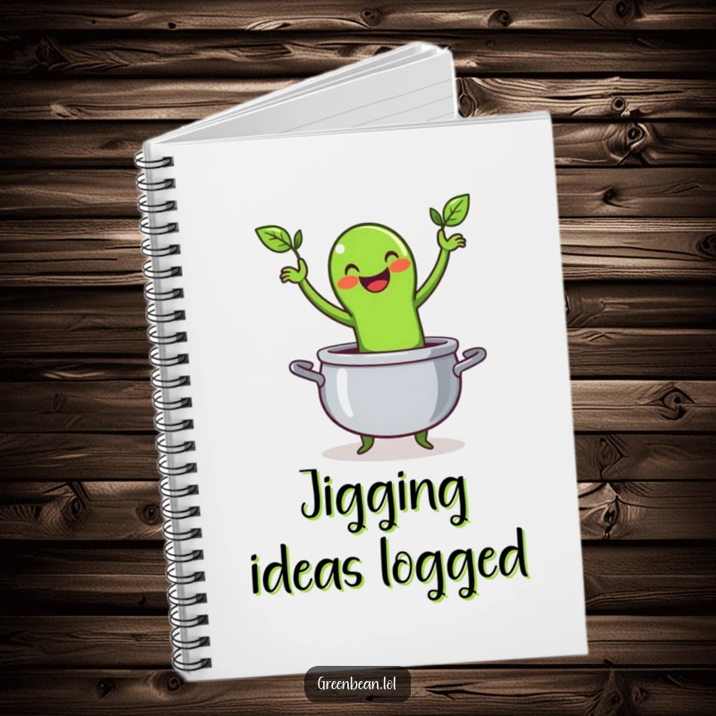 Funny notebook cover with a happy green bean character performing a lively jig inside a cooking pot, ideal for recipes and notes.