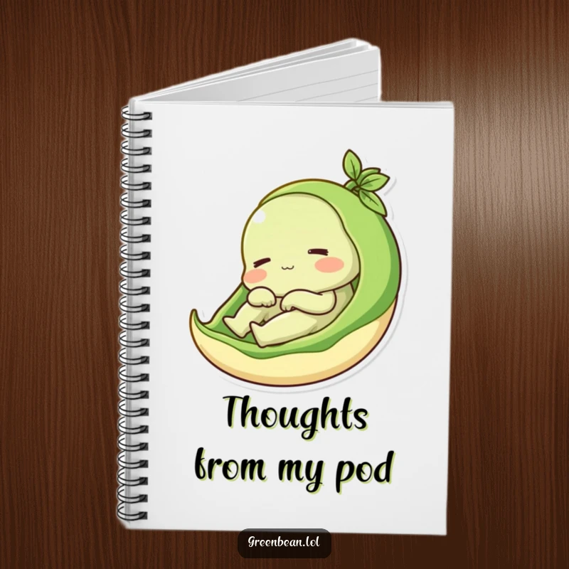 Funny notebook featuring a content green bean relaxing in its pod, perfect for journaling and a unique funny gift.