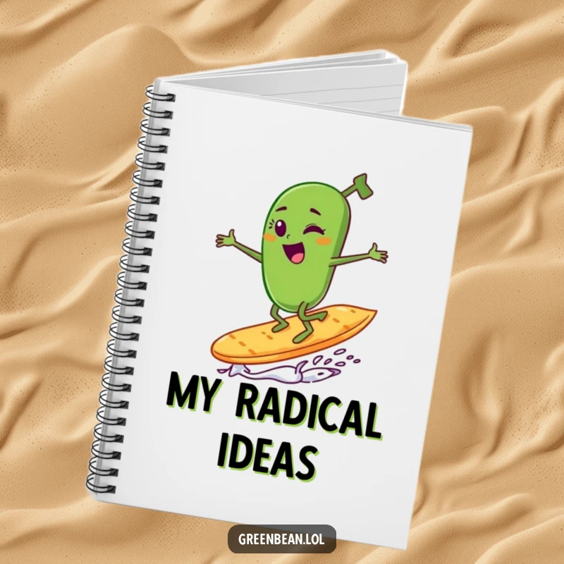 Funny green bean character winking and surfing a potato chip in this humorous notebook design.