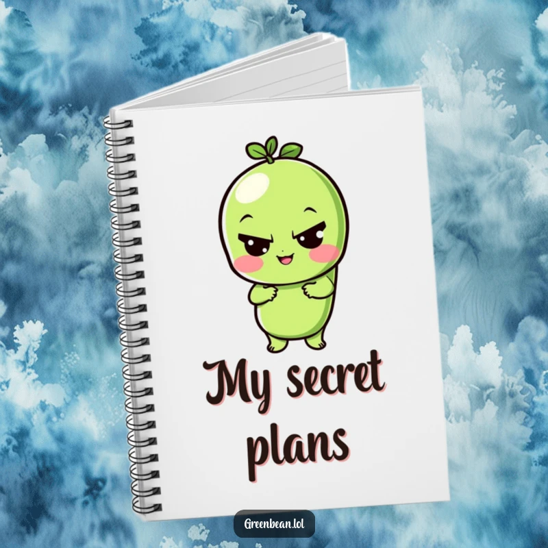 Funny notebook cover with a playful green bean character giving a sly wink, ideal for jotting down notes with amusement.