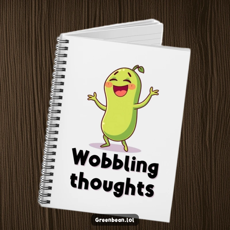 Funny green bean notebook featuring a laughing character doing a funny wobble dance, perfect for jotting down hilarious thoughts and ideas. Lined paper.