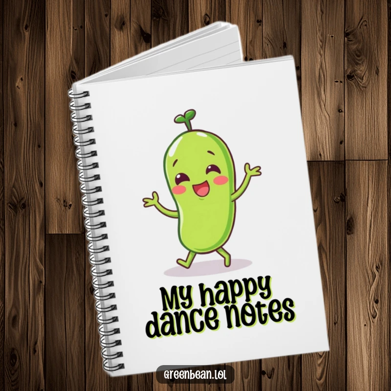Funny Green Bean Notebook with a happy character doing a little dance, perfect for notes and creative ideas.