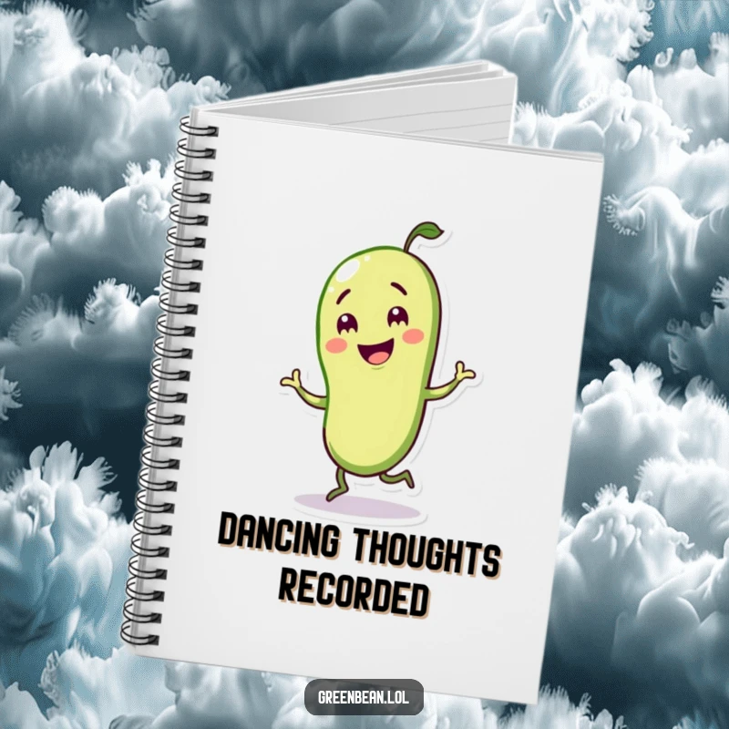 Funny notebook featuring a green bean character doing a jig, designed for capturing joyful thoughts and ideas.