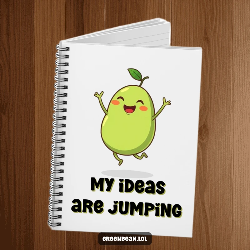 Funny notebook cover with a plump green bean with tiny legs dancing enthusiastically, inspiring creative movement. A great funny gift.