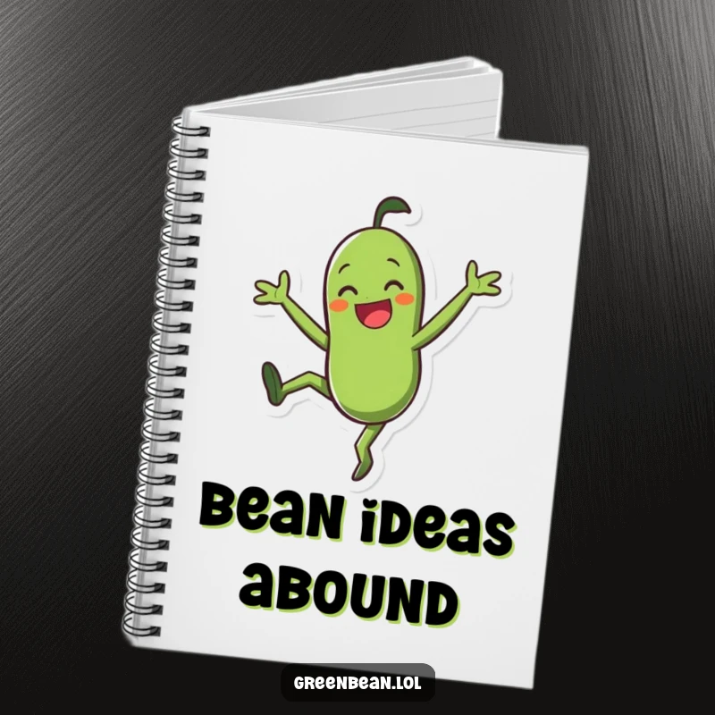 Funny Notebook: Smiling green bean character doing a joyful cartwheel, ideal for planning healthy meals and energetic activities.