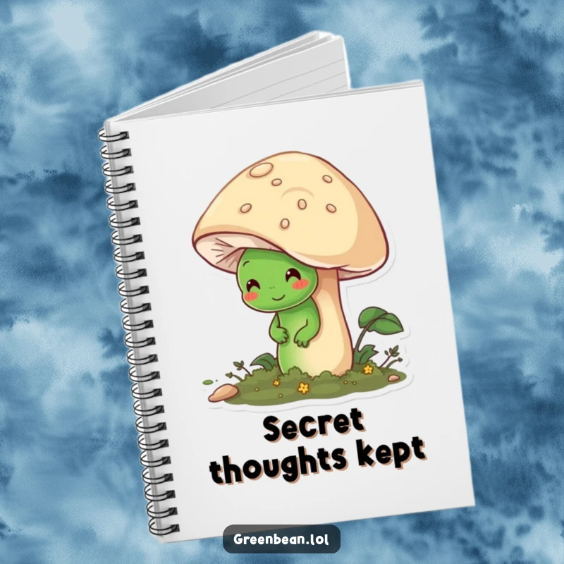 Funny notebook cover with a shy green bean character hiding behind a friendly mushroom, inspiring gentle writing.