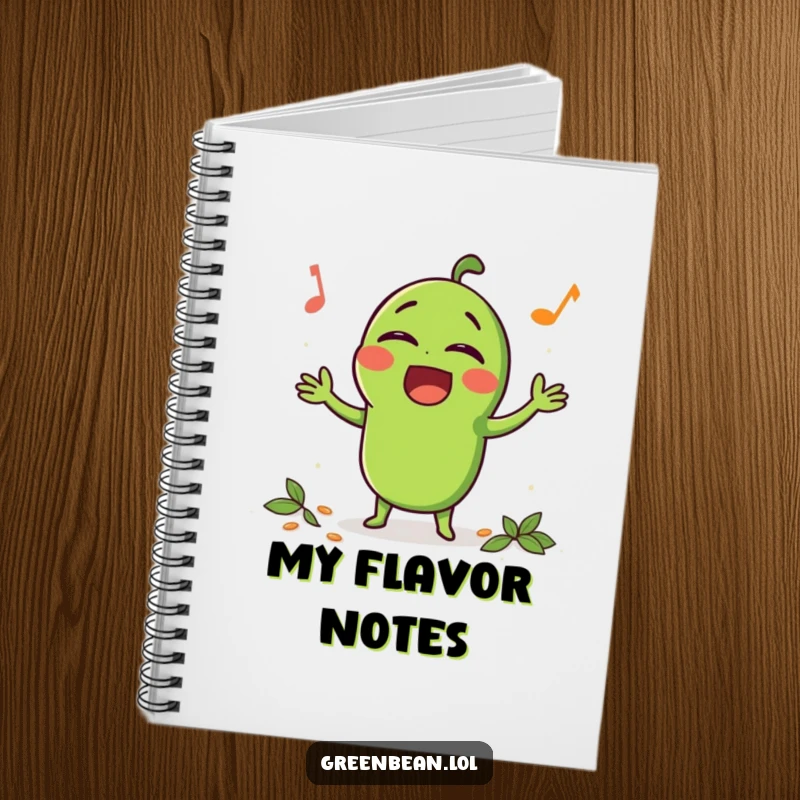Funny Notebook with a happy green bean character singing loudly while being seasoned, perfect for notes and lyrics.