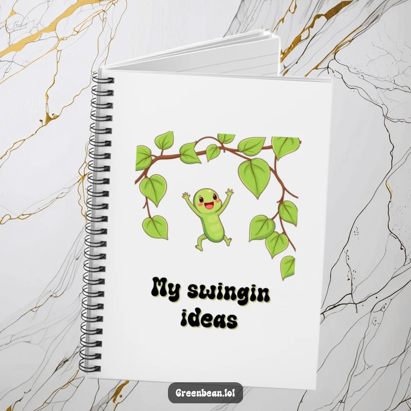Funny notebook with a happy string bean swinging on a vine, inspiring joy and creativity.