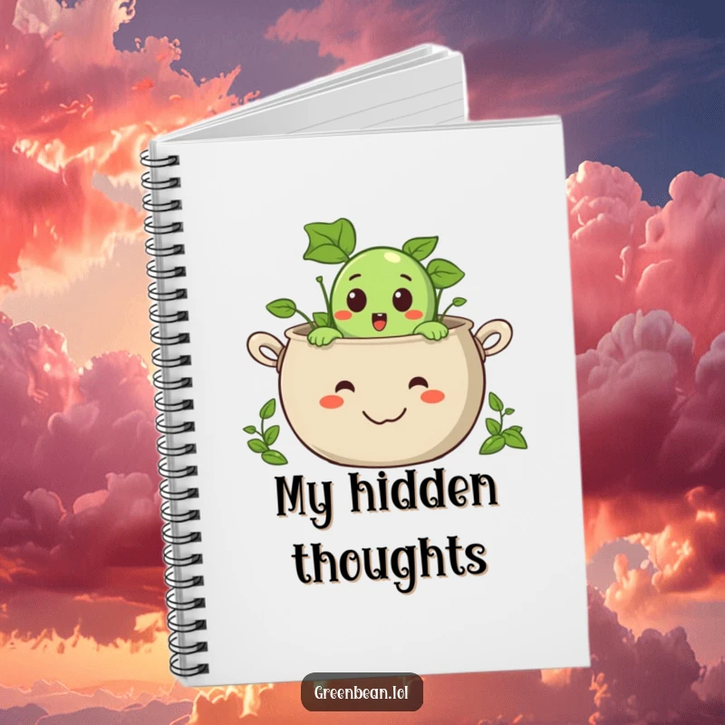 Funny notebook featuring a surprised green bean character peeking out of a smiling pot, great for notes.