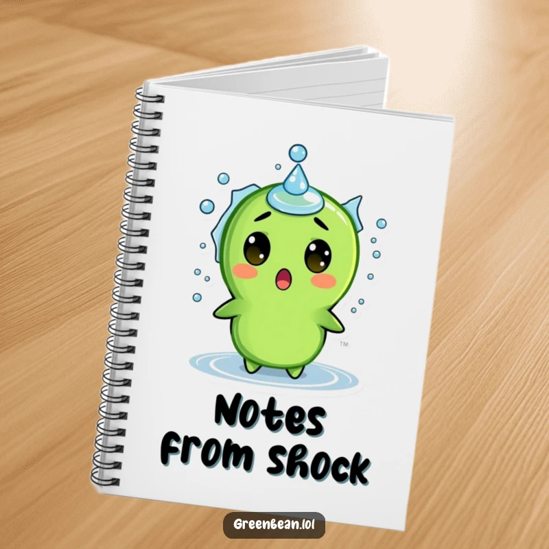 Funny notebook with a surprised green bean character reacting to a water splash, perfect for jotting down ideas and notes.
