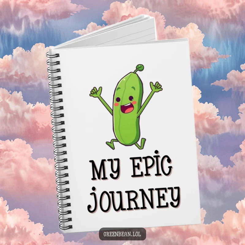 Funny Notebook with a triumphant green bean theme, perfect for planning and celebrating goals, ideal for motivated individuals and as a funny gift.